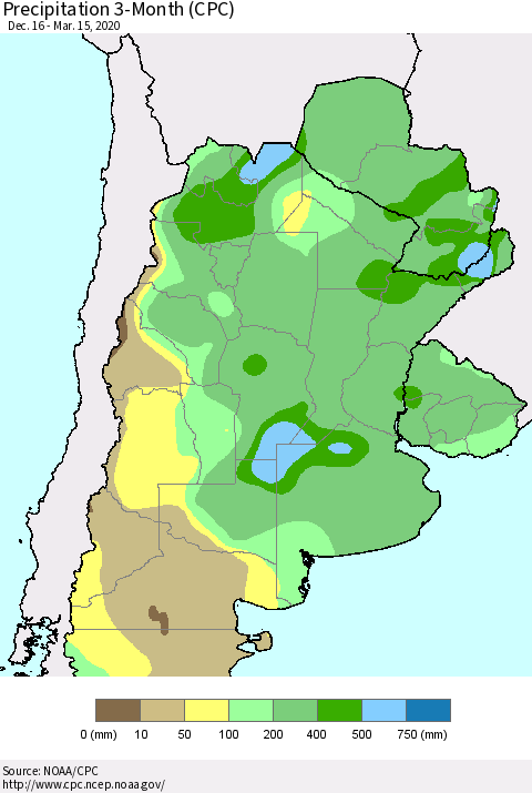 Southern South America Precipitation 3-Month (CPC) Thematic Map For 12/16/2019 - 3/15/2020