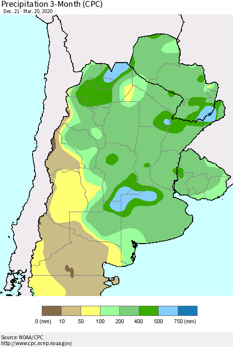 Southern South America Precipitation 3-Month (CPC) Thematic Map For 12/21/2019 - 3/20/2020