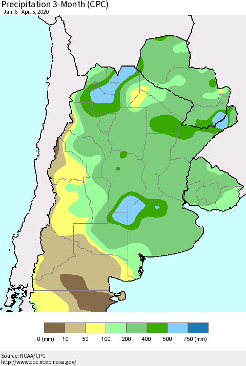 Southern South America Precipitation 3-Month (CPC) Thematic Map For 1/6/2020 - 4/5/2020