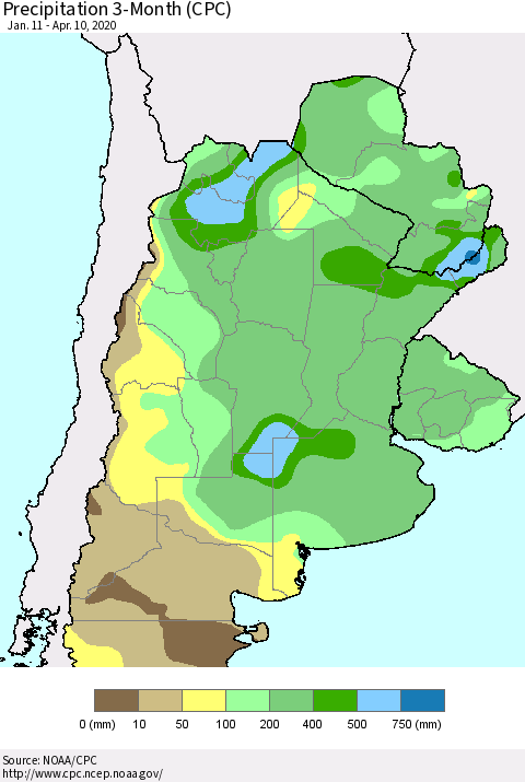 Southern South America Precipitation 3-Month (CPC) Thematic Map For 1/11/2020 - 4/10/2020