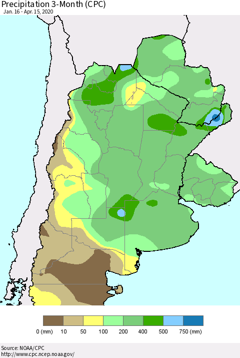Southern South America Precipitation 3-Month (CPC) Thematic Map For 1/16/2020 - 4/15/2020