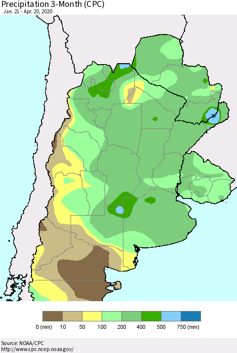 Southern South America Precipitation 3-Month (CPC) Thematic Map For 1/21/2020 - 4/20/2020