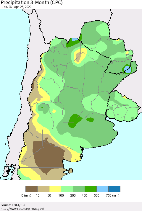Southern South America Precipitation 3-Month (CPC) Thematic Map For 1/26/2020 - 4/25/2020