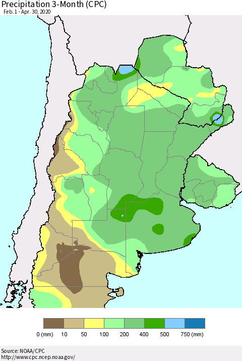 Southern South America Precipitation 3-Month (CPC) Thematic Map For 2/1/2020 - 4/30/2020