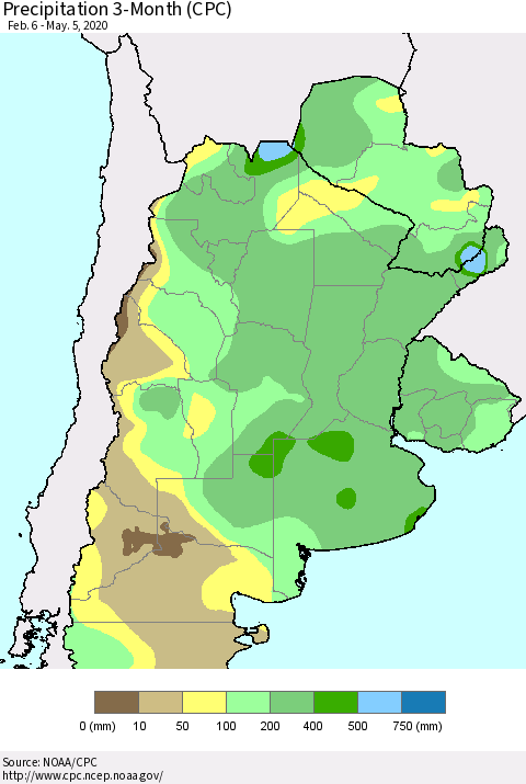 Southern South America Precipitation 3-Month (CPC) Thematic Map For 2/6/2020 - 5/5/2020
