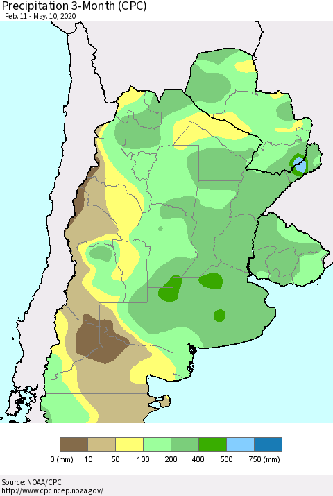 Southern South America Precipitation 3-Month (CPC) Thematic Map For 2/11/2020 - 5/10/2020