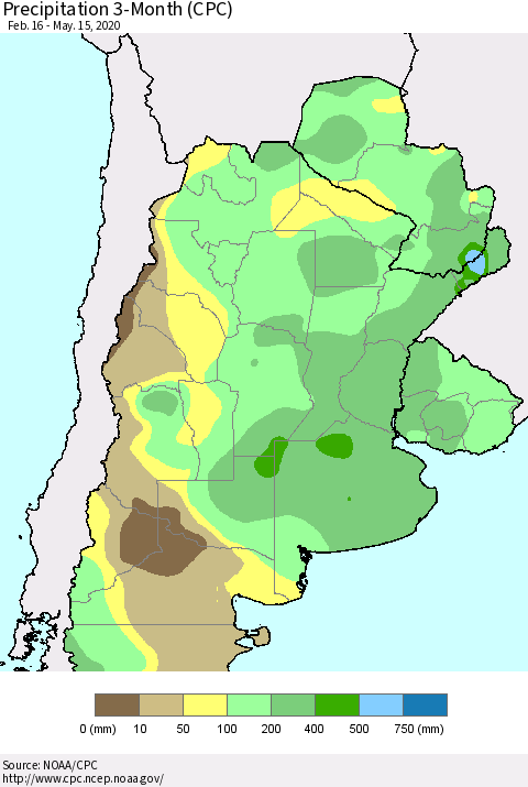 Southern South America Precipitation 3-Month (CPC) Thematic Map For 2/16/2020 - 5/15/2020