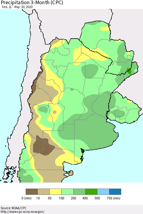 Southern South America Precipitation 3-Month (CPC) Thematic Map For 2/21/2020 - 5/20/2020