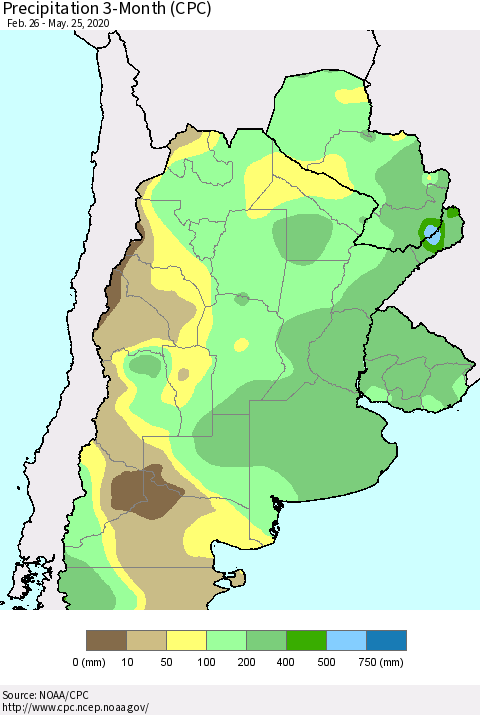Southern South America Precipitation 3-Month (CPC) Thematic Map For 2/26/2020 - 5/25/2020