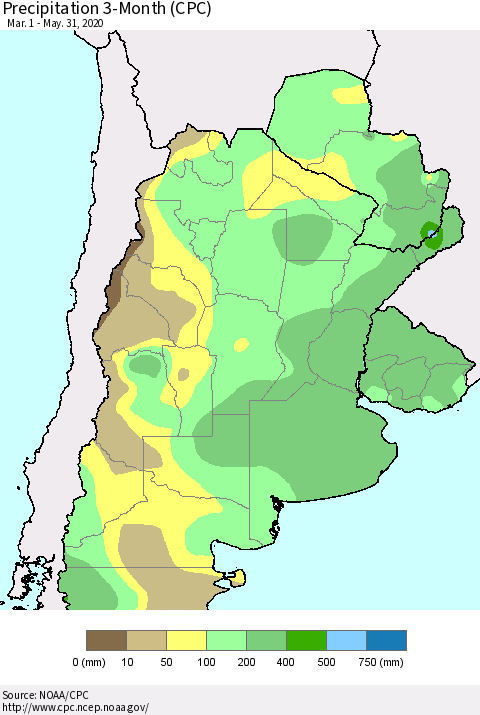 Southern South America Precipitation 3-Month (CPC) Thematic Map For 3/1/2020 - 5/31/2020