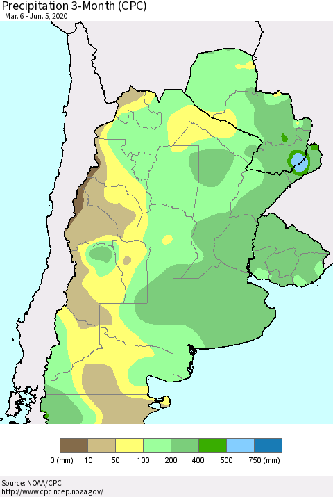 Southern South America Precipitation 3-Month (CPC) Thematic Map For 3/6/2020 - 6/5/2020