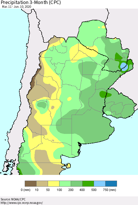 Southern South America Precipitation 3-Month (CPC) Thematic Map For 3/11/2020 - 6/10/2020