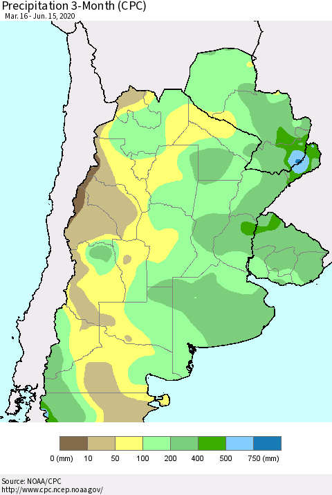 Southern South America Precipitation 3-Month (CPC) Thematic Map For 3/16/2020 - 6/15/2020