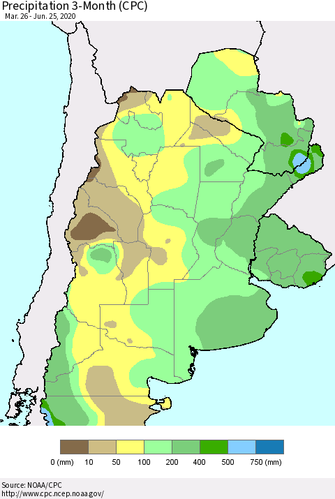 Southern South America Precipitation 3-Month (CPC) Thematic Map For 3/26/2020 - 6/25/2020