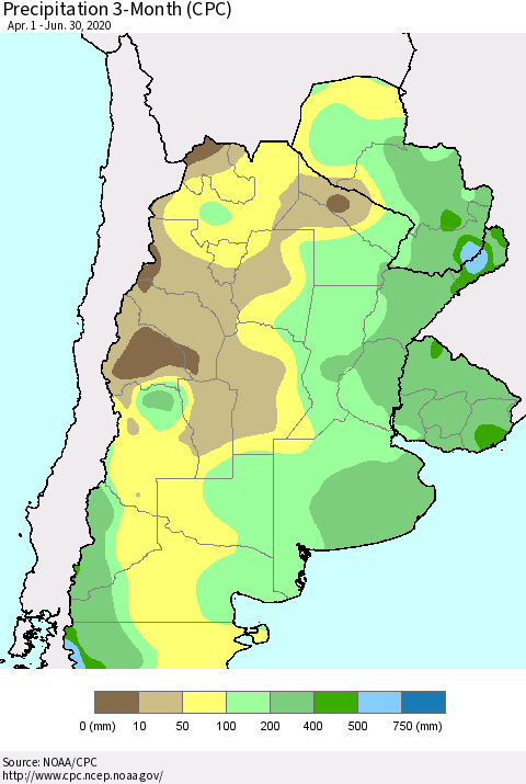 Southern South America Precipitation 3-Month (CPC) Thematic Map For 4/1/2020 - 6/30/2020