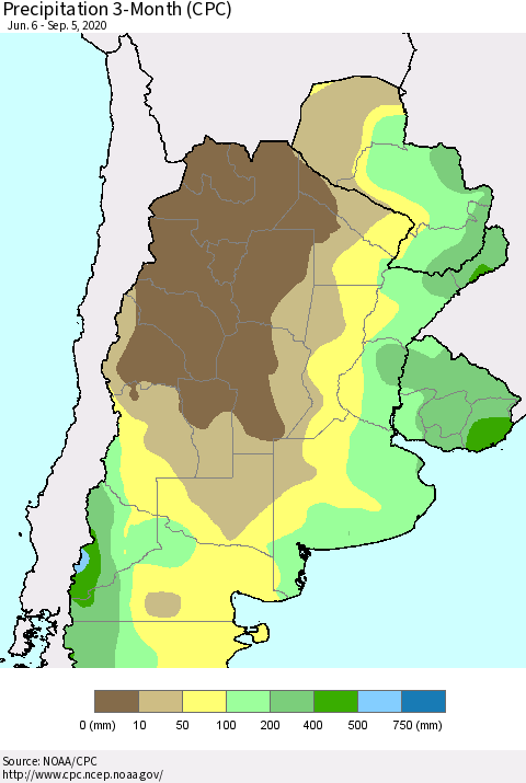 Southern South America Precipitation 3-Month (CPC) Thematic Map For 6/6/2020 - 9/5/2020