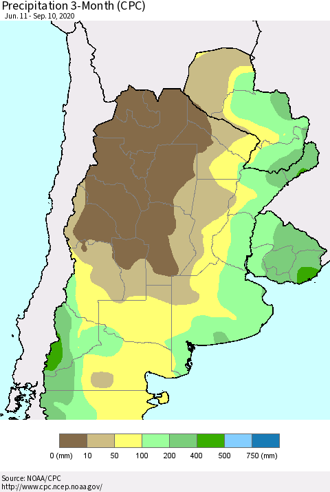 Southern South America Precipitation 3-Month (CPC) Thematic Map For 6/11/2020 - 9/10/2020