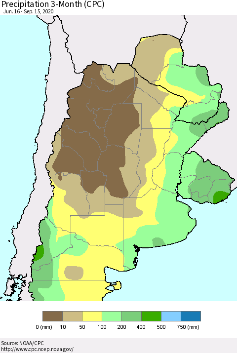 Southern South America Precipitation 3-Month (CPC) Thematic Map For 6/16/2020 - 9/15/2020