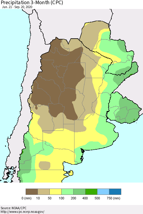 Southern South America Precipitation 3-Month (CPC) Thematic Map For 6/21/2020 - 9/20/2020
