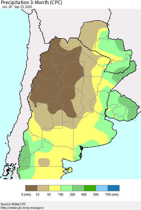 Southern South America Precipitation 3-Month (CPC) Thematic Map For 6/26/2020 - 9/25/2020