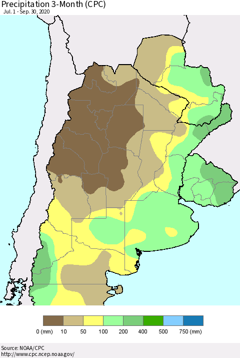 Southern South America Precipitation 3-Month (CPC) Thematic Map For 7/1/2020 - 9/30/2020