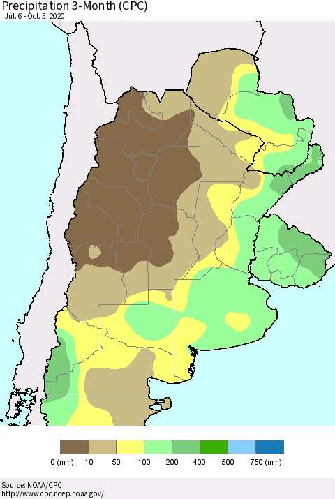 Southern South America Precipitation 3-Month (CPC) Thematic Map For 7/6/2020 - 10/5/2020