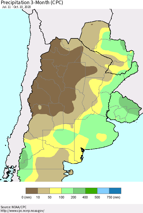 Southern South America Precipitation 3-Month (CPC) Thematic Map For 7/11/2020 - 10/10/2020