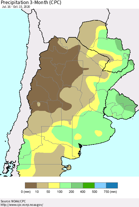 Southern South America Precipitation 3-Month (CPC) Thematic Map For 7/16/2020 - 10/15/2020