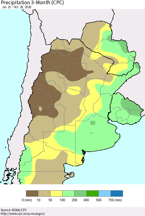 Southern South America Precipitation 3-Month (CPC) Thematic Map For 7/21/2020 - 10/20/2020