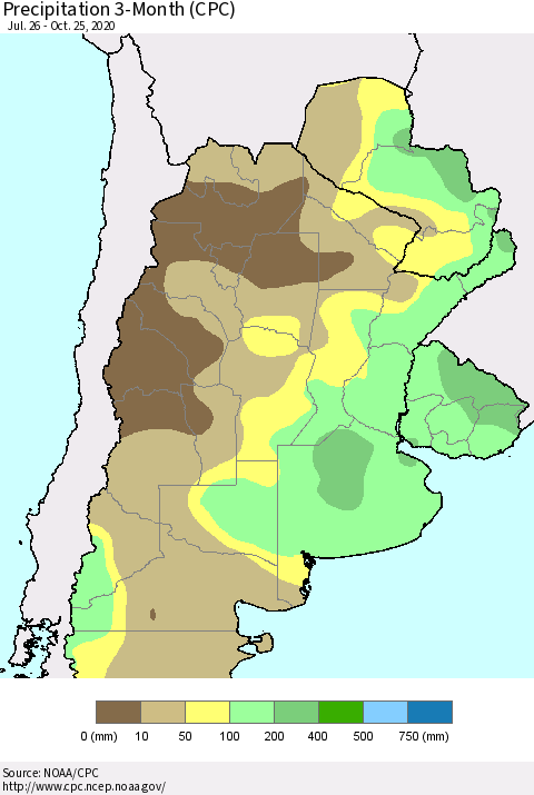 Southern South America Precipitation 3-Month (CPC) Thematic Map For 7/26/2020 - 10/25/2020