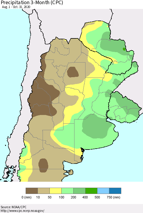 Southern South America Precipitation 3-Month (CPC) Thematic Map For 8/1/2020 - 10/31/2020