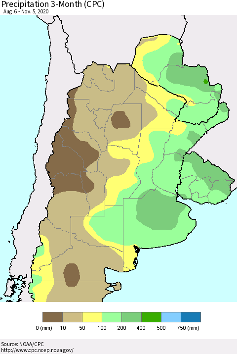 Southern South America Precipitation 3-Month (CPC) Thematic Map For 8/6/2020 - 11/5/2020
