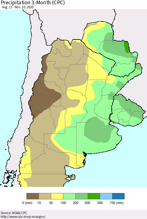 Southern South America Precipitation 3-Month (CPC) Thematic Map For 8/11/2020 - 11/10/2020