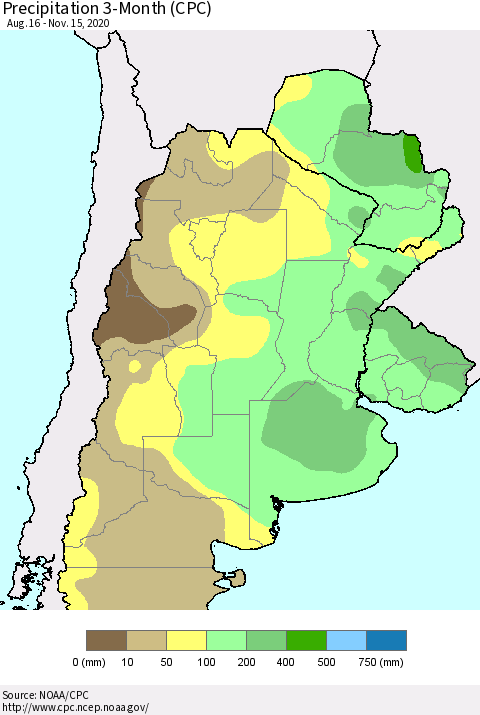Southern South America Precipitation 3-Month (CPC) Thematic Map For 8/16/2020 - 11/15/2020