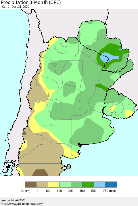 Southern South America Precipitation 3-Month (CPC) Thematic Map For 10/1/2020 - 12/31/2020