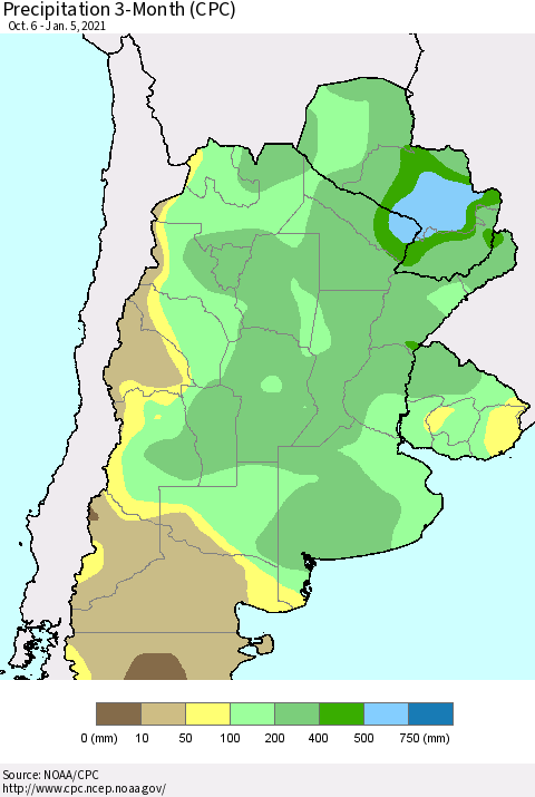 Southern South America Precipitation 3-Month (CPC) Thematic Map For 10/6/2020 - 1/5/2021