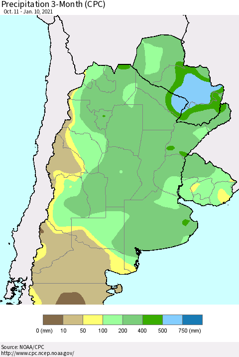 Southern South America Precipitation 3-Month (CPC) Thematic Map For 10/11/2020 - 1/10/2021
