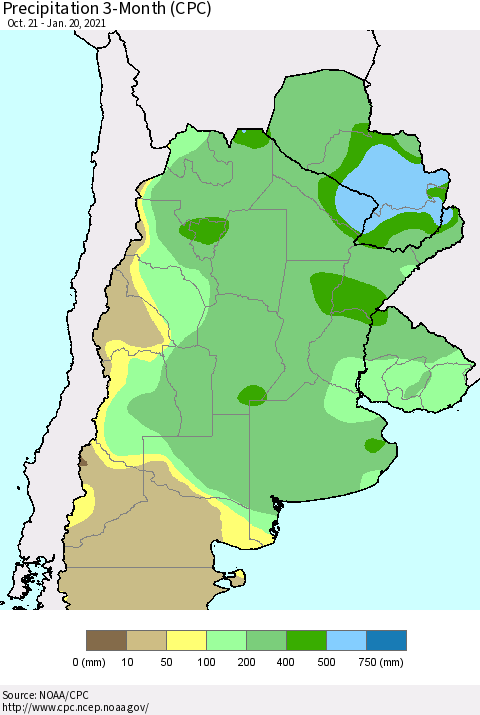 Southern South America Precipitation 3-Month (CPC) Thematic Map For 10/21/2020 - 1/20/2021