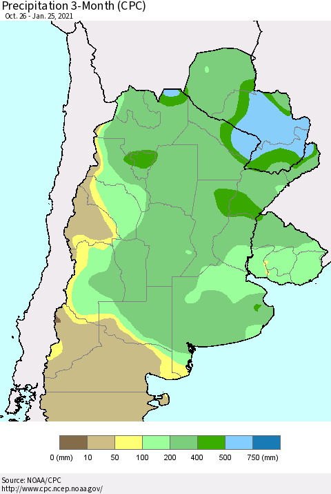 Southern South America Precipitation 3-Month (CPC) Thematic Map For 10/26/2020 - 1/25/2021
