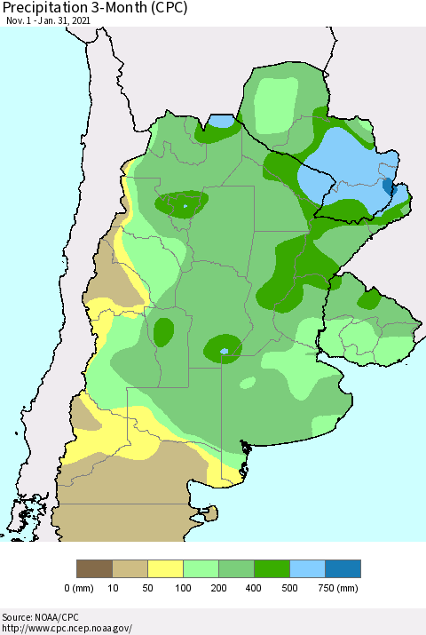 Southern South America Precipitation 3-Month (CPC) Thematic Map For 11/1/2020 - 1/31/2021