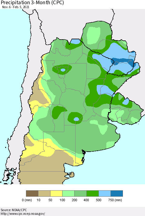 Southern South America Precipitation 3-Month (CPC) Thematic Map For 11/6/2020 - 2/5/2021