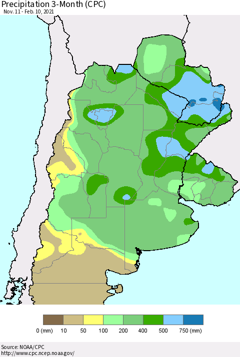 Southern South America Precipitation 3-Month (CPC) Thematic Map For 11/11/2020 - 2/10/2021