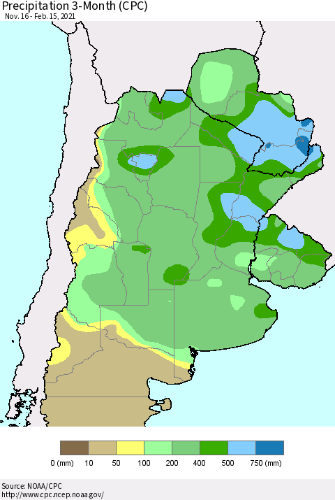 Southern South America Precipitation 3-Month (CPC) Thematic Map For 11/16/2020 - 2/15/2021