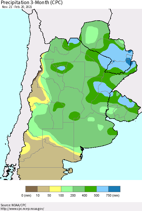 Southern South America Precipitation 3-Month (CPC) Thematic Map For 11/21/2020 - 2/20/2021