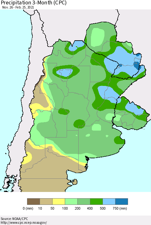 Southern South America Precipitation 3-Month (CPC) Thematic Map For 11/26/2020 - 2/25/2021