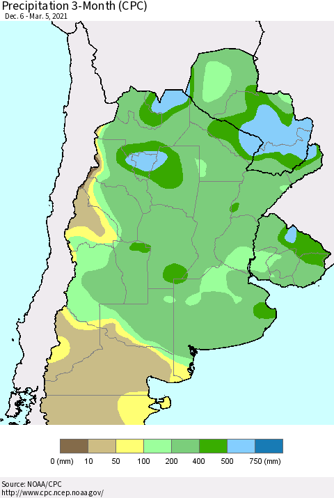 Southern South America Precipitation 3-Month (CPC) Thematic Map For 12/6/2020 - 3/5/2021