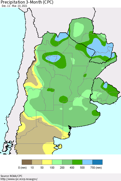 Southern South America Precipitation 3-Month (CPC) Thematic Map For 12/11/2020 - 3/10/2021