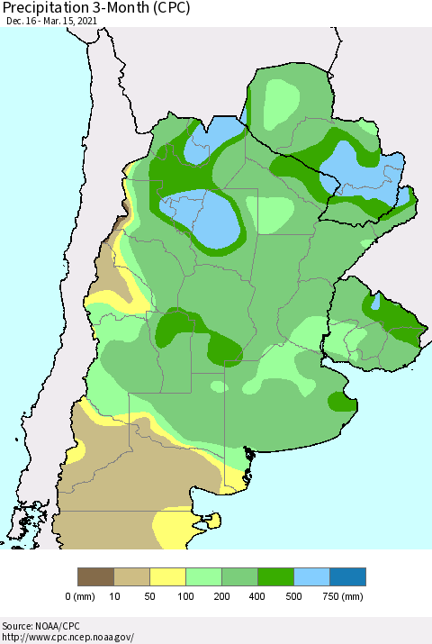 Southern South America Precipitation 3-Month (CPC) Thematic Map For 12/16/2020 - 3/15/2021