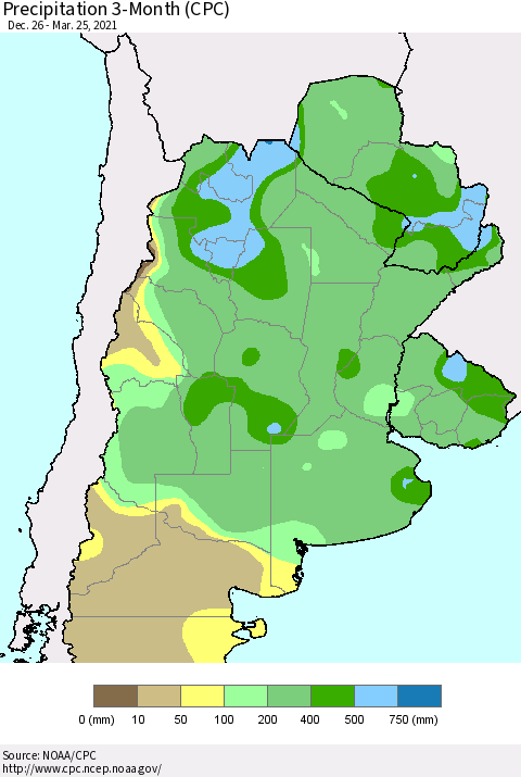 Southern South America Precipitation 3-Month (CPC) Thematic Map For 12/26/2020 - 3/25/2021