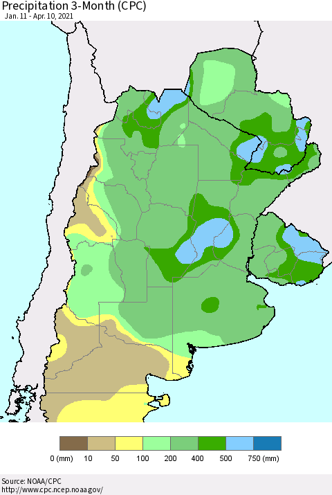 Southern South America Precipitation 3-Month (CPC) Thematic Map For 1/11/2021 - 4/10/2021